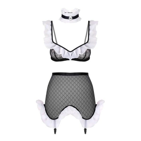 프렌치 감성의 메이드 코스튬 란제리를 착용한 여성 모델. 블랙과 화이트의 클래식한 컬러 조합에 레이스 디테일과 시스루 소재가 더해져 귀엽고 섹시한 분위기를 동시에 연출. 앞치마와 머리띠 등의 메이드 전용 액세서리까지 포함되어 커플이 함께 즐기기 좋은 역할극 아이템으로 부부 침실 분위기 전환에 적합.