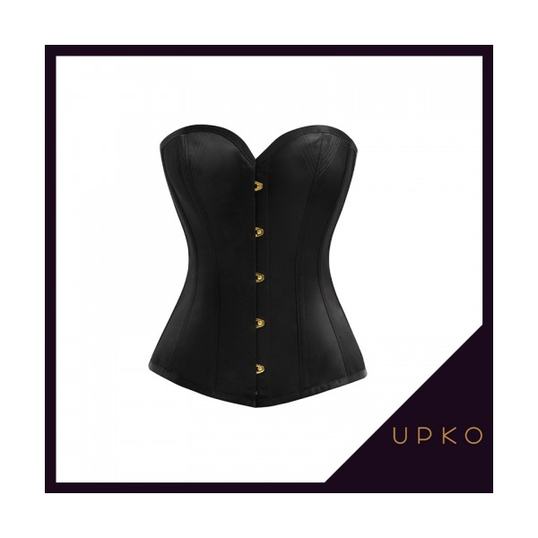 블랙 레이스와 새틴 소재가 조화를 이루는 업코 블랙 코르셋을 착용한 여성 모델. 전통적인 코르셋 구조로 허리를 잘록하게 잡아주며, 강렬한 실루엣과 고급스러운 마감이 특징. 침실에서 주도적인 이미지를 연출하고 싶은 커플에게 어울리는 시크한 분위기의 커플 란제리 아이템.