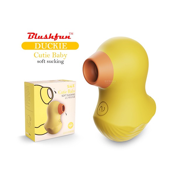 노란색 오리 모양의 흡입형 여성용 성인용품 'Blushfun Duckie Cutie Baby'와 제품 패키지 박스 (SEO에 최적화된 키워드 포함: “오리 모양 흡입 바이브레이터”, “여성용 성인용품”, “Blushfun Duckie Cutie Baby”)