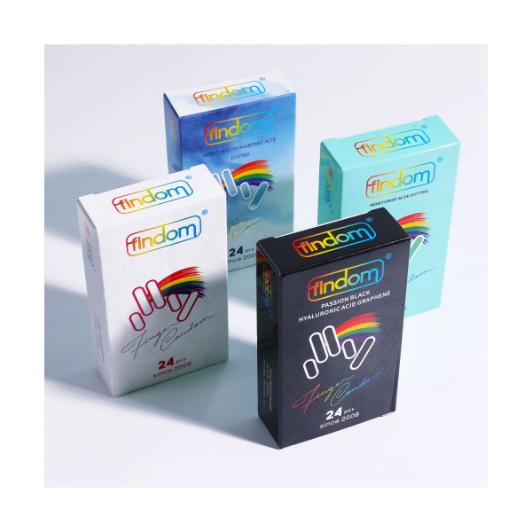 Findom 콘돔 4종 세트 – 그래핀 콘돔, 히알루론산 콘돔, 도트 타입, 수분 강화형 등 다양한 기능성 콘돔 패키지 제품 이미지