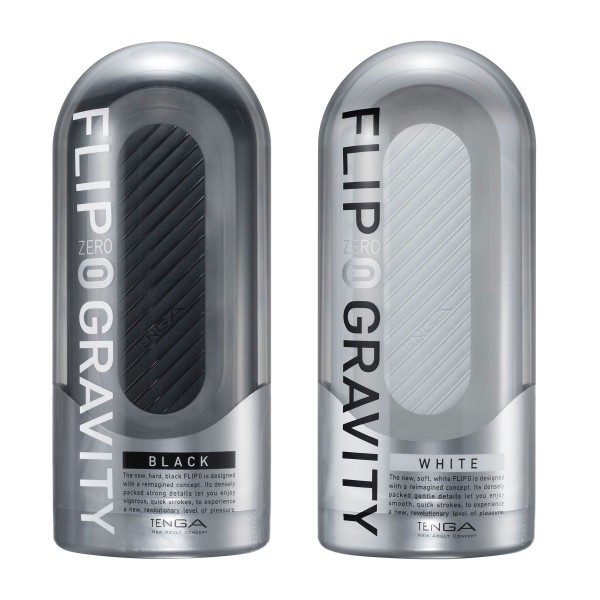 "텐가 플립 제로 그래비티 블랙과 화이트 제품 이미지 – 강력한 흡입감과 세련된 디자인을 갖춘 남성용 성인용품, TENGA 플립 제로 시리즈의 프리미엄 모델로 각각 강렬한 자극(블랙)과 부드러운 쾌감(화이트)을 제공하며 위생적인 세척과 재사용이 가능한 고급 남자 자위기구"