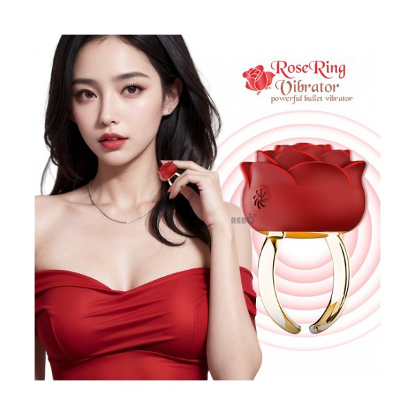 여성 모델이 착용한 붉은 장미 모양의 바이브레이터 반지, 로즈링 바이브레이터