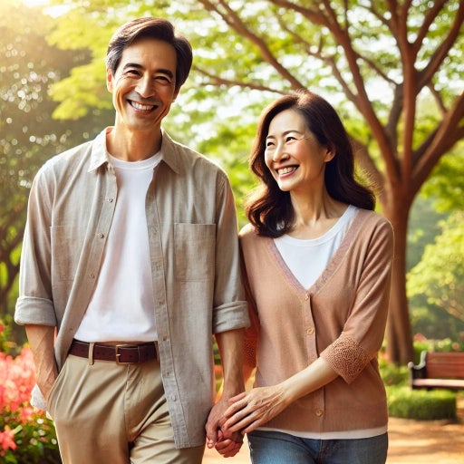 중년부부가 연인처럼 다정하게 손을잡고 있다. 원래는 이렇지 않았다. 성인용품 사용후 부부사이는 더 가까워졌다