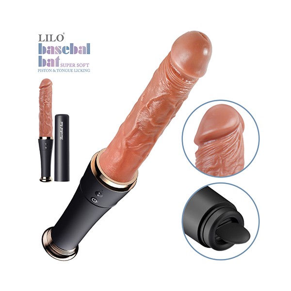 리얼한 남성 성기를 사실적으로 재현한 LILO 베이스볼 배트 딜도. 고급 실리콘 소재로 제작되었으며, 피스톤 기능과 혀 자극 모드가 탑재된 여성용 진동기 겸 삽입형 섹스토이 제품.