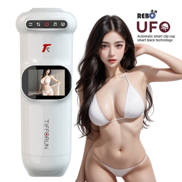 REBO UFO 자동 스마트 자위기구와 흰색 비키니를 착용한 여성 모델의 제품 광고 이미지. 남성용 전자동 흡입기구를 강조하며, 실제 사용 장면을 떠올리게 하는 시각적 연출이 포함됨. 제품 전면에는 내장 디스플레이가 있으며, 강력한 흡입과 스마트 기능을 강조한 기술 기반의 프리미엄 성인용품임.